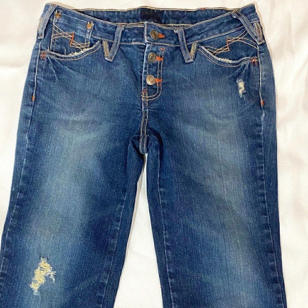 Button Fly Distressed Large Cuff Cropped Jeans - Picture 2 of 7